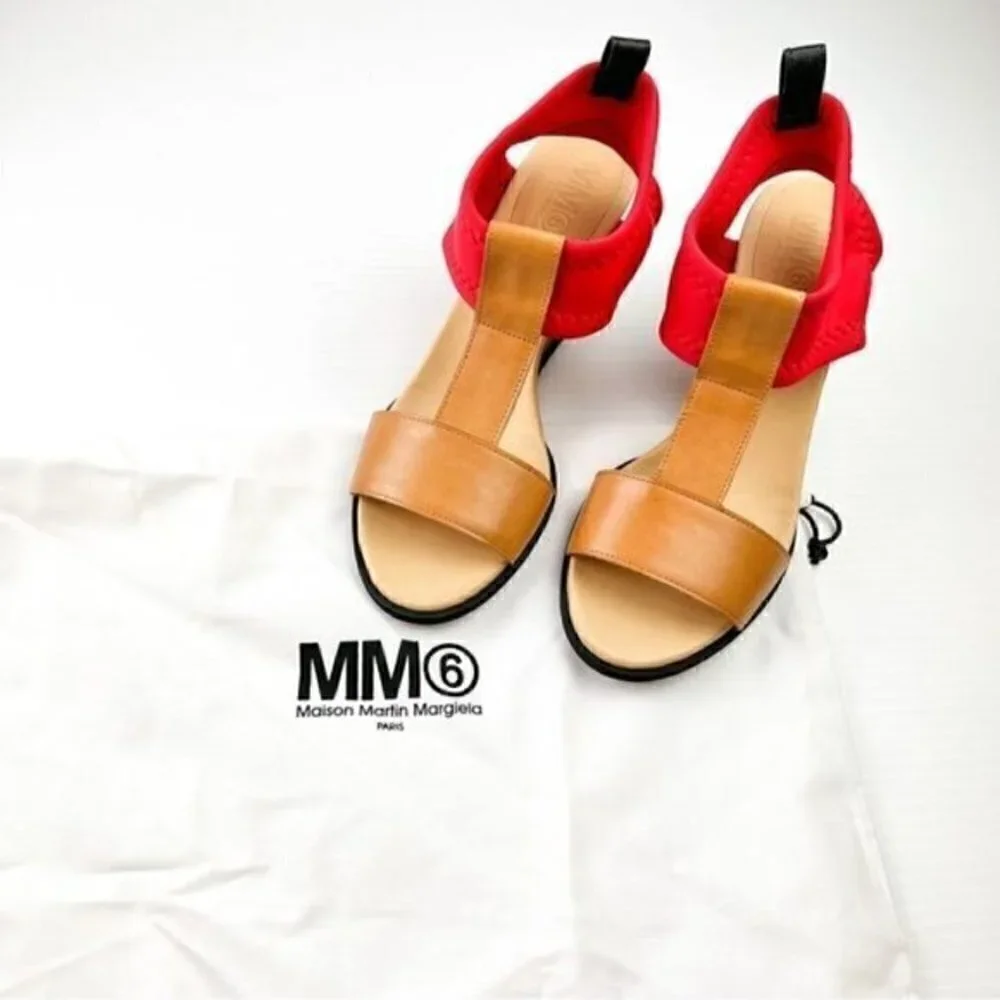 Maison Margiela MM6 Women's  size 10 Tan Red Leather Wedges Sandals Shoes
